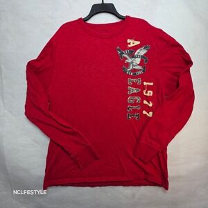 American Eagle Mens XXL Red Long Sleeve Graphic Tee Athletic Fit Eagle 1977 Logo